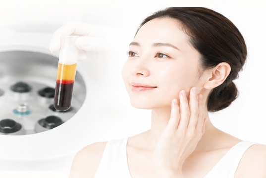 ご自身の血液から作製したPRP（多血小板血漿）と、肌にハリのある女性。上野医院は添加物を加えない純粋100%PRPで肌を内側から整えます。