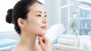 明るい美容クリニックの施術室と透明感のある素肌の女性（ケミカルピーリングのイメージ）