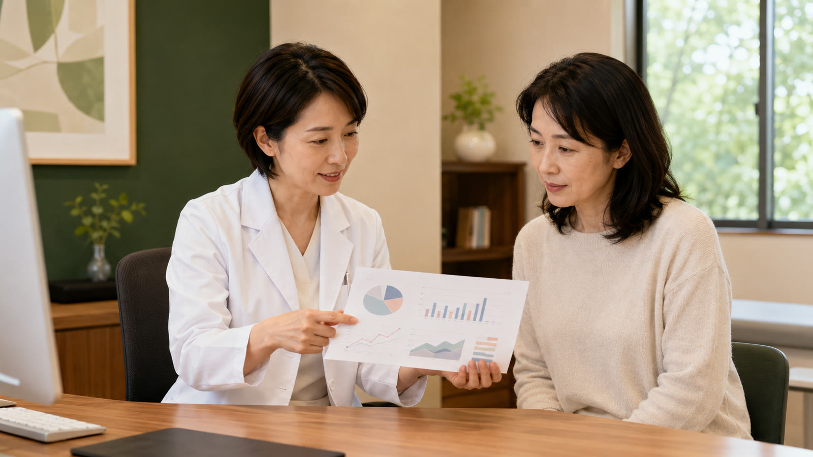 医師が測定結果のレポートを患者に説明している様子|上野医院