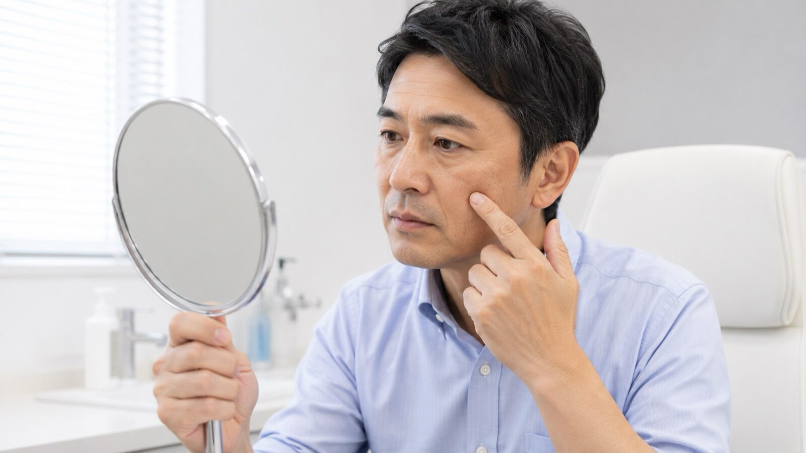 鏡で頬のシミを確認する50代の男性