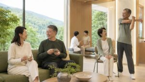 長野の自然光が差し込む明るい空間で、健康的に過ごす50〜60代の男女