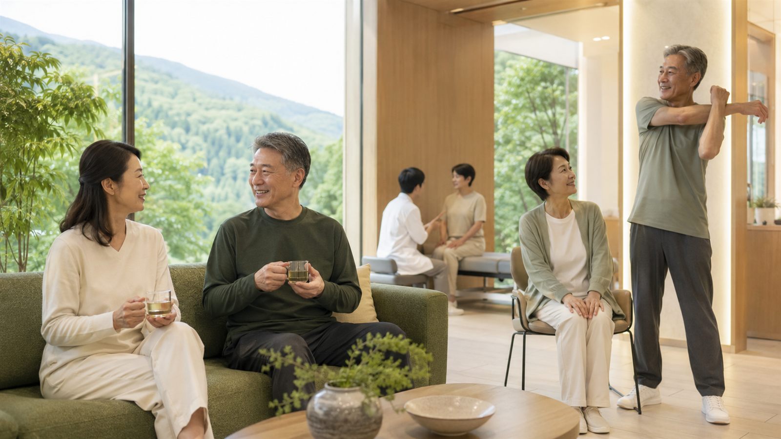 長野の自然光が差し込む明るい空間で、健康的に過ごす50〜60代の男女