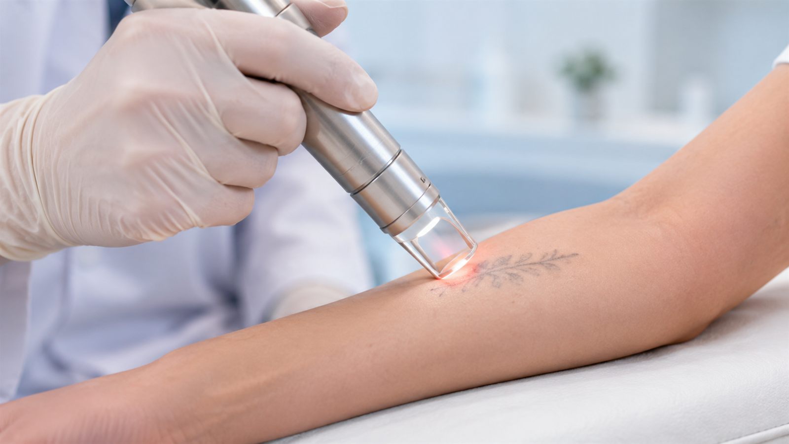 Picosecond laser tattoo removal on an arm at a clinic in Nagano, Japan