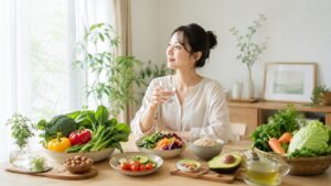 野菜や玄米など健康的な食事が並ぶ明るい食卓