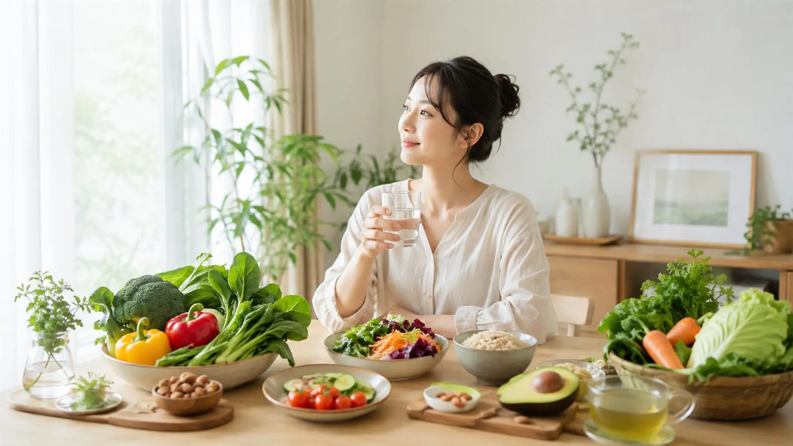 野菜や玄米など健康的な食事が並ぶ明るい食卓