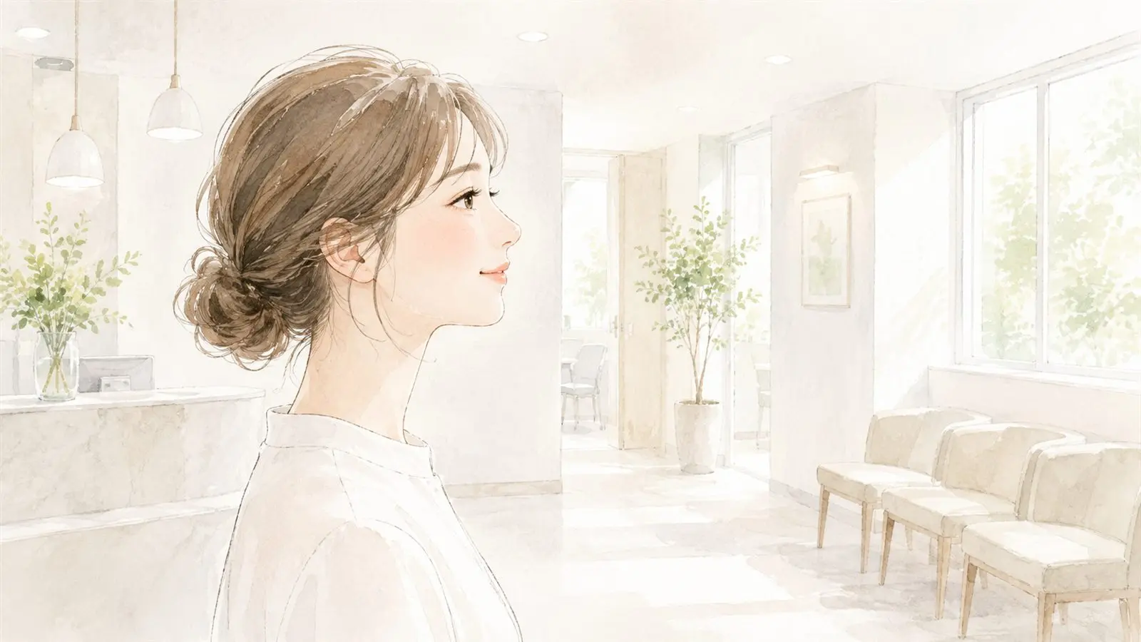 クリニックの待合室で穏やかに微笑む女性のイラスト(ボトックスの失敗を避けるイメージ)