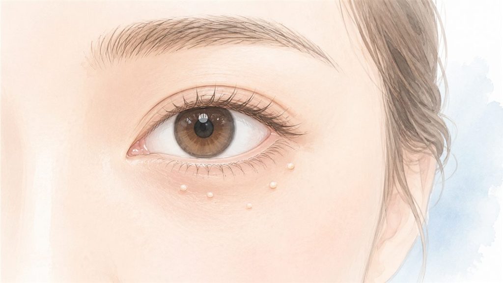 下まぶたの周りに直径1〜2mmの白い粒(稗粒腫)が数個ある目元のイラスト