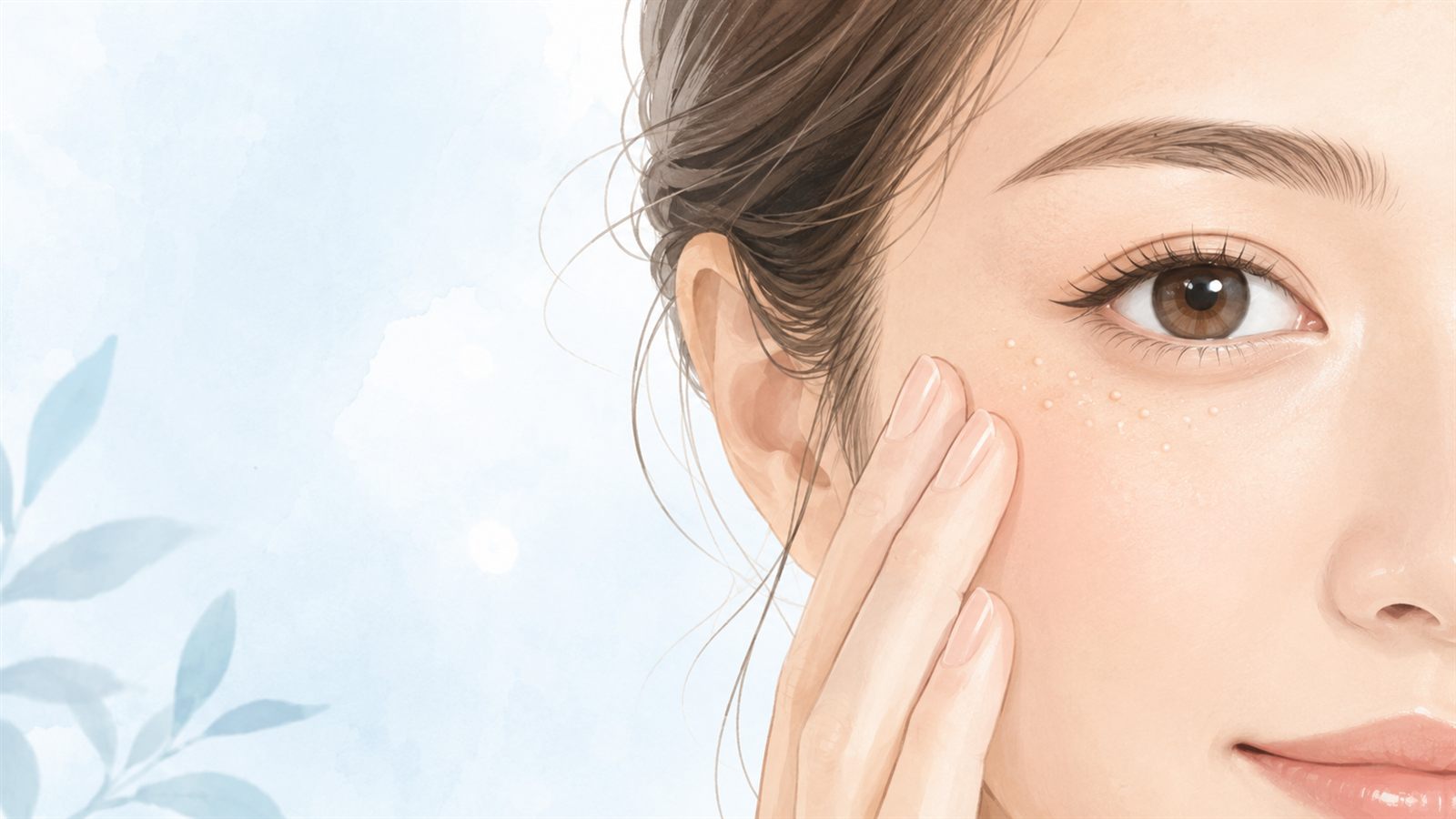 目元に稗粒腫のある女性の目元のイラスト(やさしいタッチ・淡いブルーとベージュ基調)