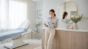 カレンダーを手に鏡の前で微笑む女性（ボトックス効果の経過イメージ）
