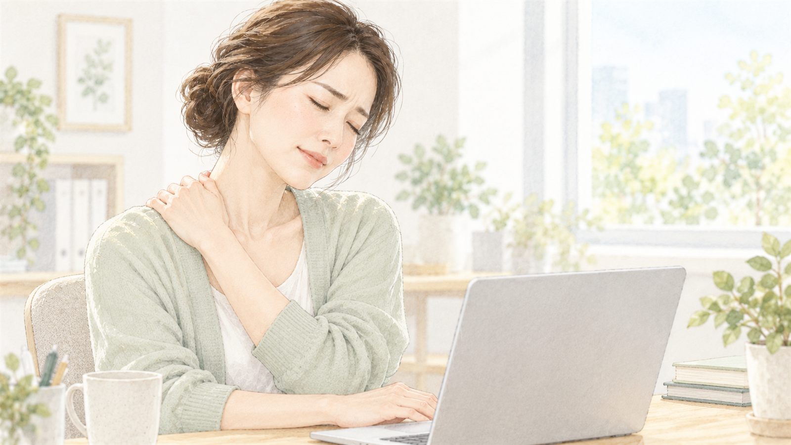 デスクワーク中に肩に手を当てる肩こりの女性のイラスト