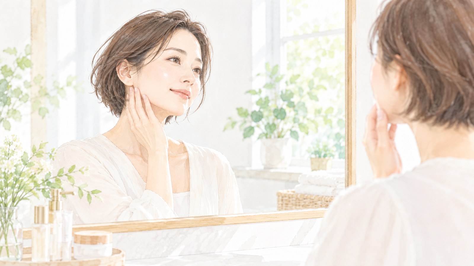 鏡を見ながら指先であごから耳の下のフェイスラインに触れる女性のイラスト