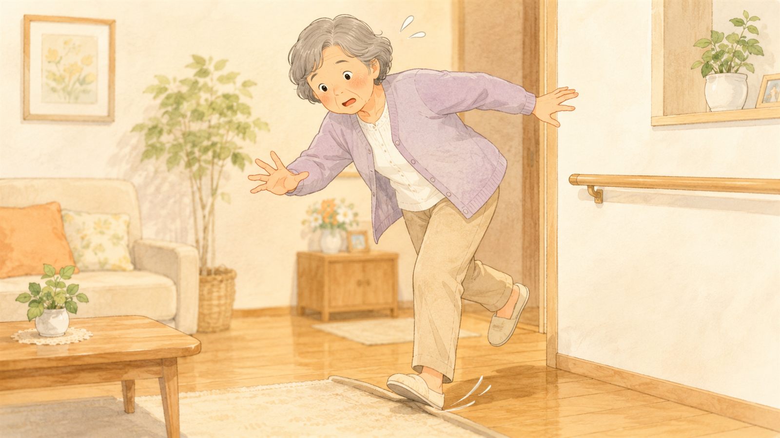 室内でふらついてバランスを崩す高齢女性のイラスト（転倒予防のイメージ）