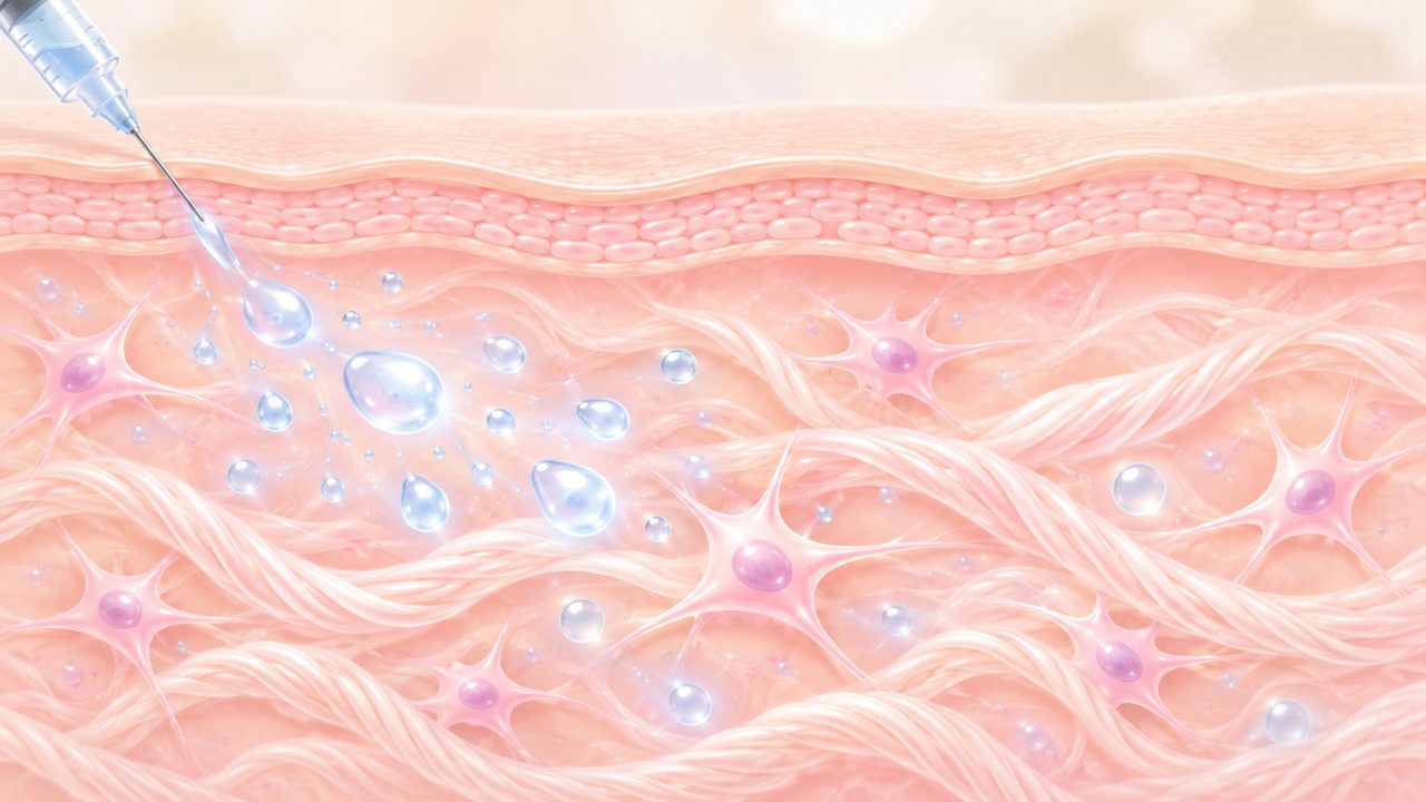 肌の断面図:真皮に広がった美容液が線維芽細胞に働きかけるイメージ