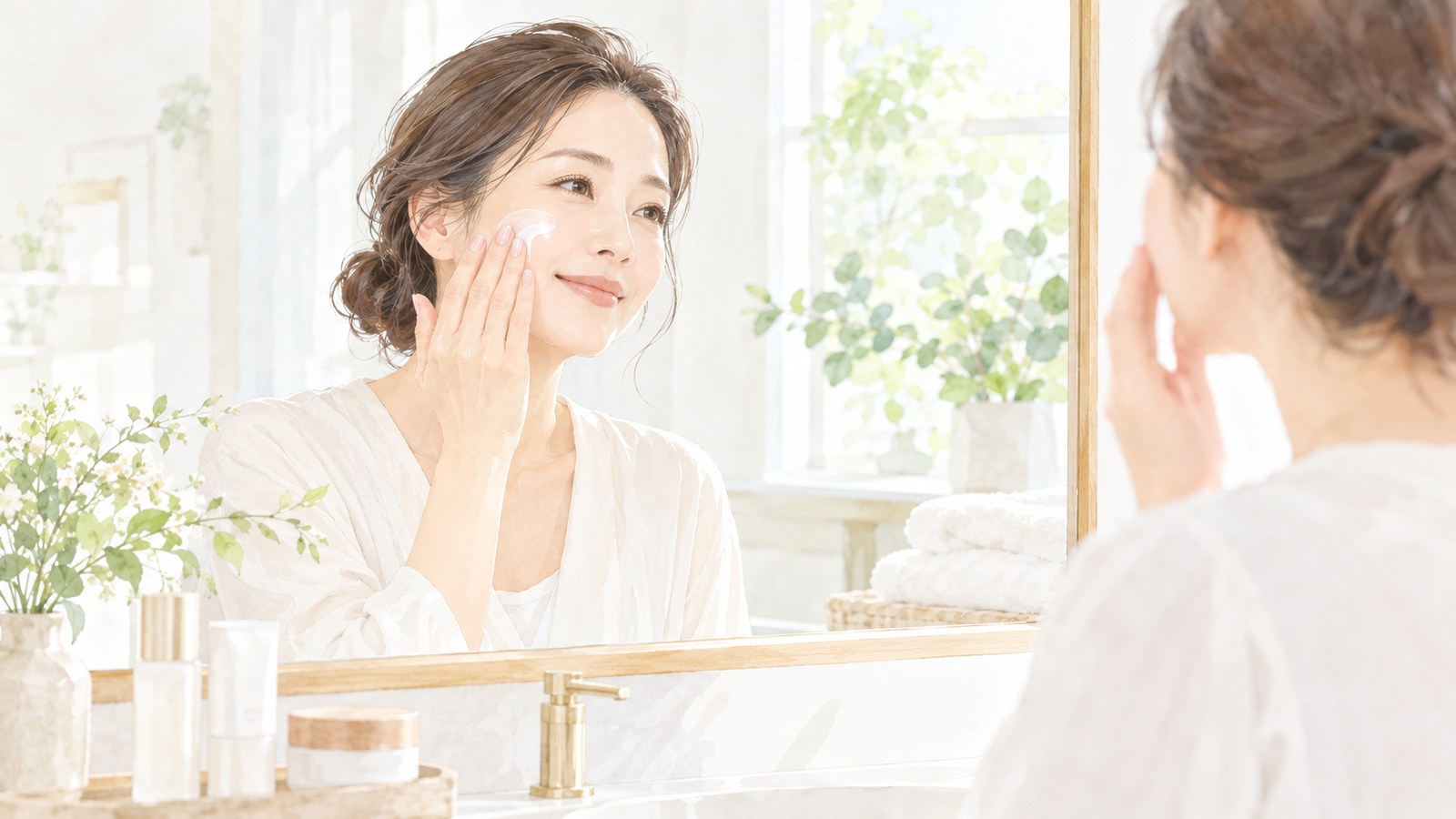 洗面所の鏡の前で頬に日焼け止めをやさしく塗る女性のイラスト