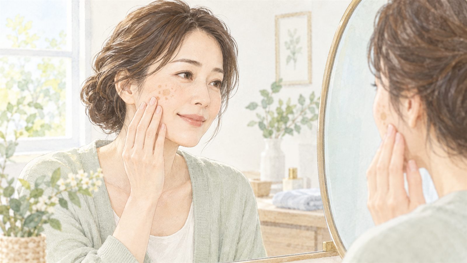 鏡で頬のシミを確認する女性のイラスト（シミ取りレーザーの回数と経過）